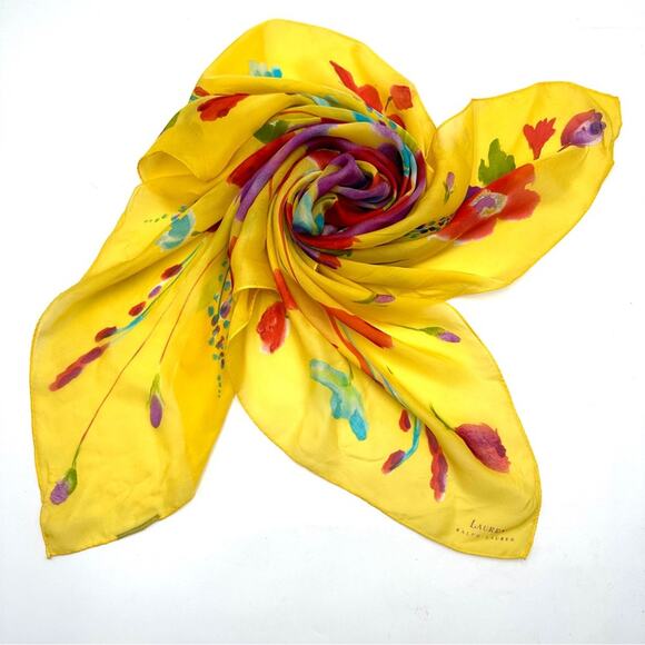 VINTAGE - LAUREN Ralph Lauren silk scarf - yellow with floral print - Picture 9 of 10